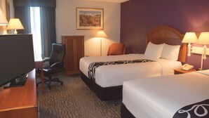 Habitación de hotel con dos camas, un escritorio con televisor, una silla, una lámpara y un cuadro en la pared.