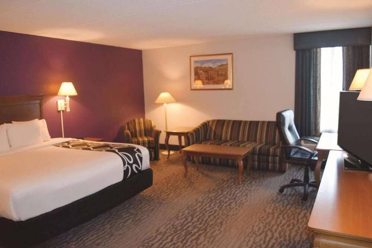 Habitación de hotel con cama, sofá, sillón, una mesita y televisor.