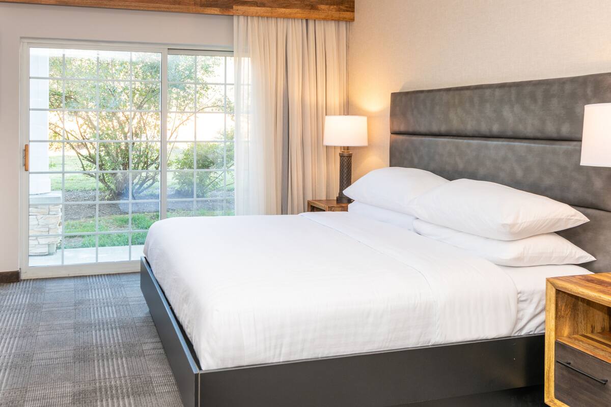 A modern hotel room with a large bed, a wooden headboard, a nightstand with a lamp, and a view of greenery through a sliding glass door.