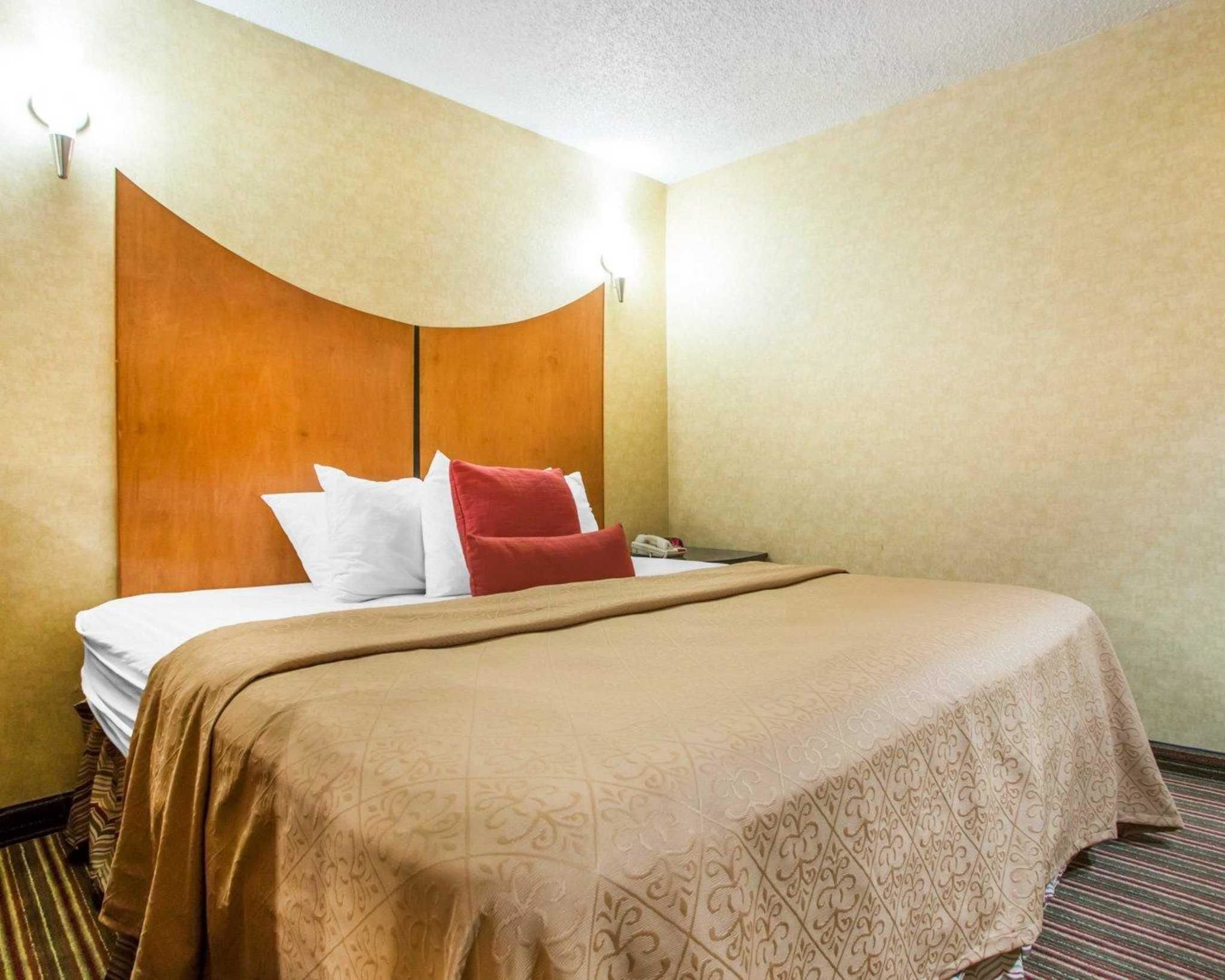 Une chambre d’hôtel avec un grand lit, une tête de lit en bois et une moquette à rayures.