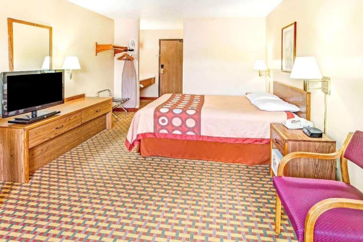 Een hotelkamer met een bed, een televisie, een bureau, een stoel, een dressoir en een spiegel.