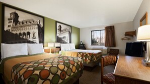 A hotel room with two beds, a desk, a chair, a TV, and a window with curtains. - Super 8 by Wyndham Richmond/Chamberlayne Rd (Richmond)