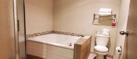 A bathroom with a glass-enclosed shower, a bathtub, and a toilet.