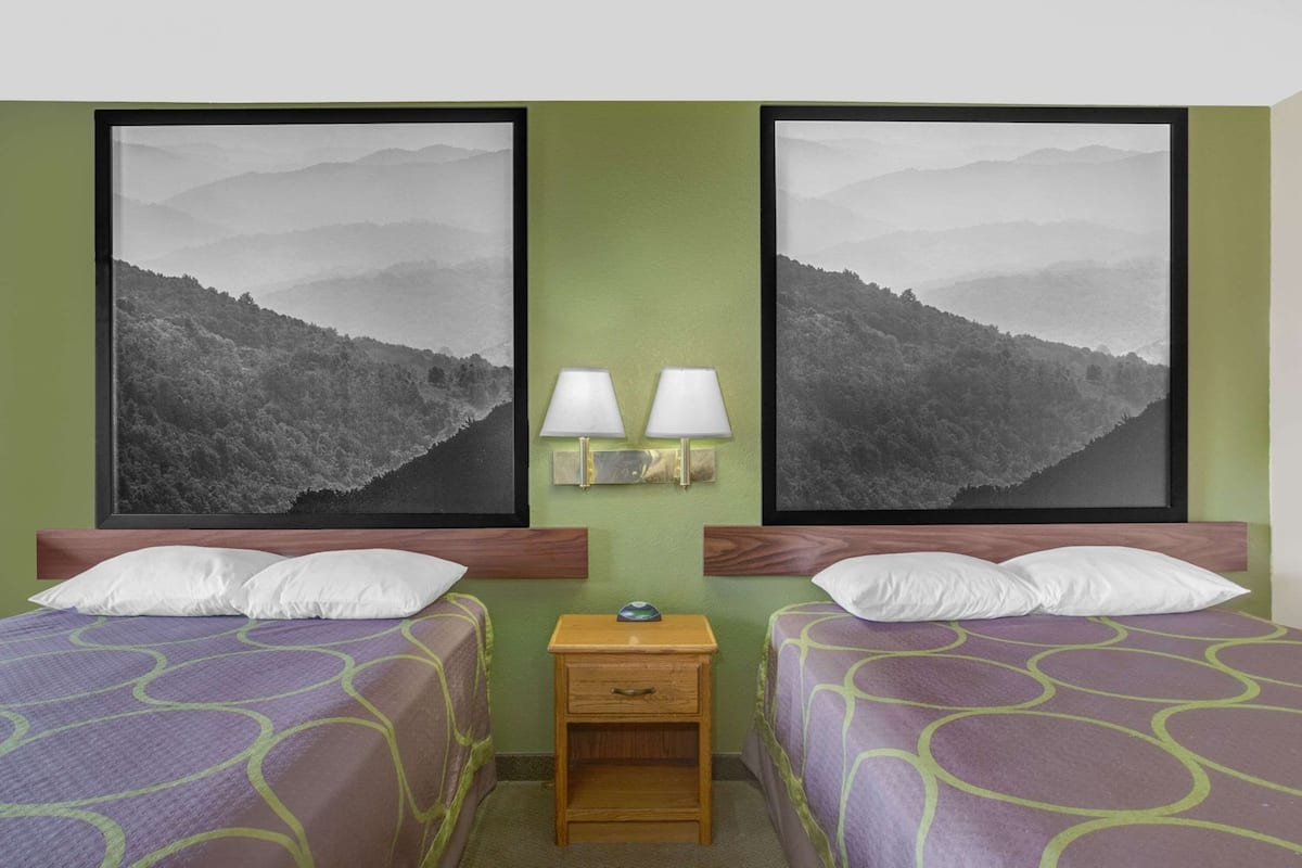 Ein Hotelzimmer mit zwei Betten, grünen Wänden, zwei gerahmten Landschaftsbildern, einem Nachttisch mit Lampen und einer kleinen Holzkassette.