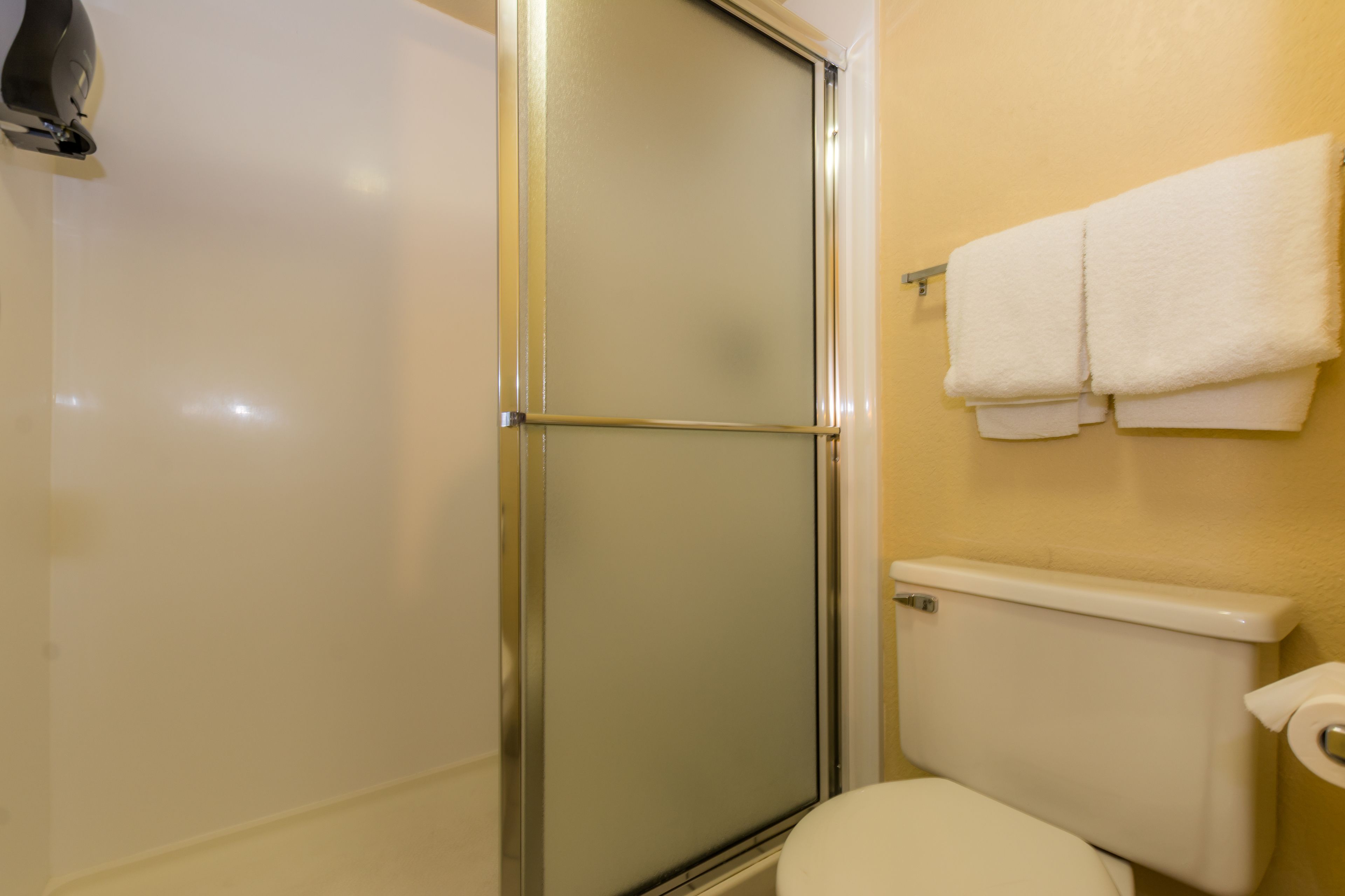 A bathroom with a shower, toilet, and towel rack.
