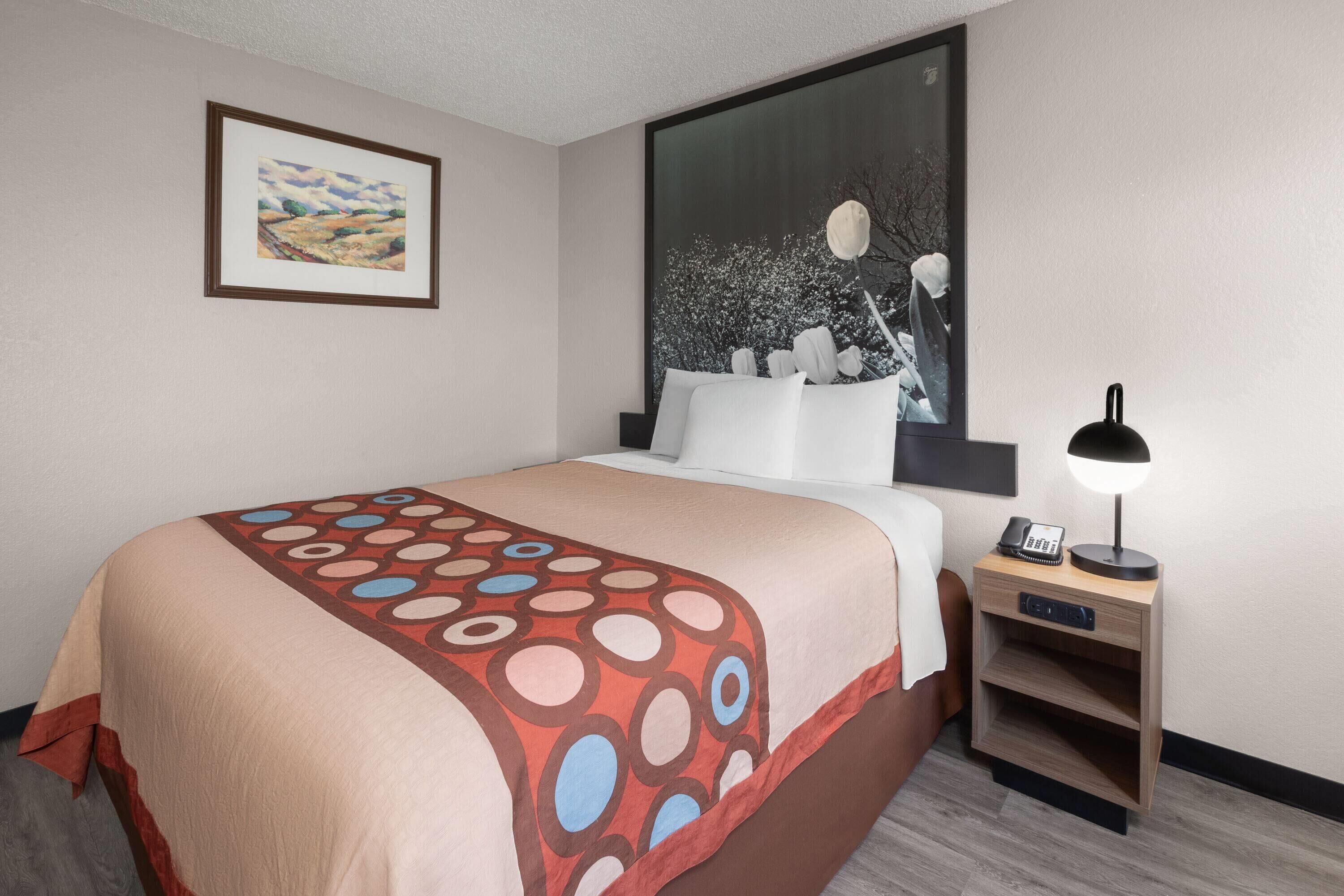 A hotel room with a bed, a nightstand with a lamp, a framed picture on the wall, and a window with a view of trees.