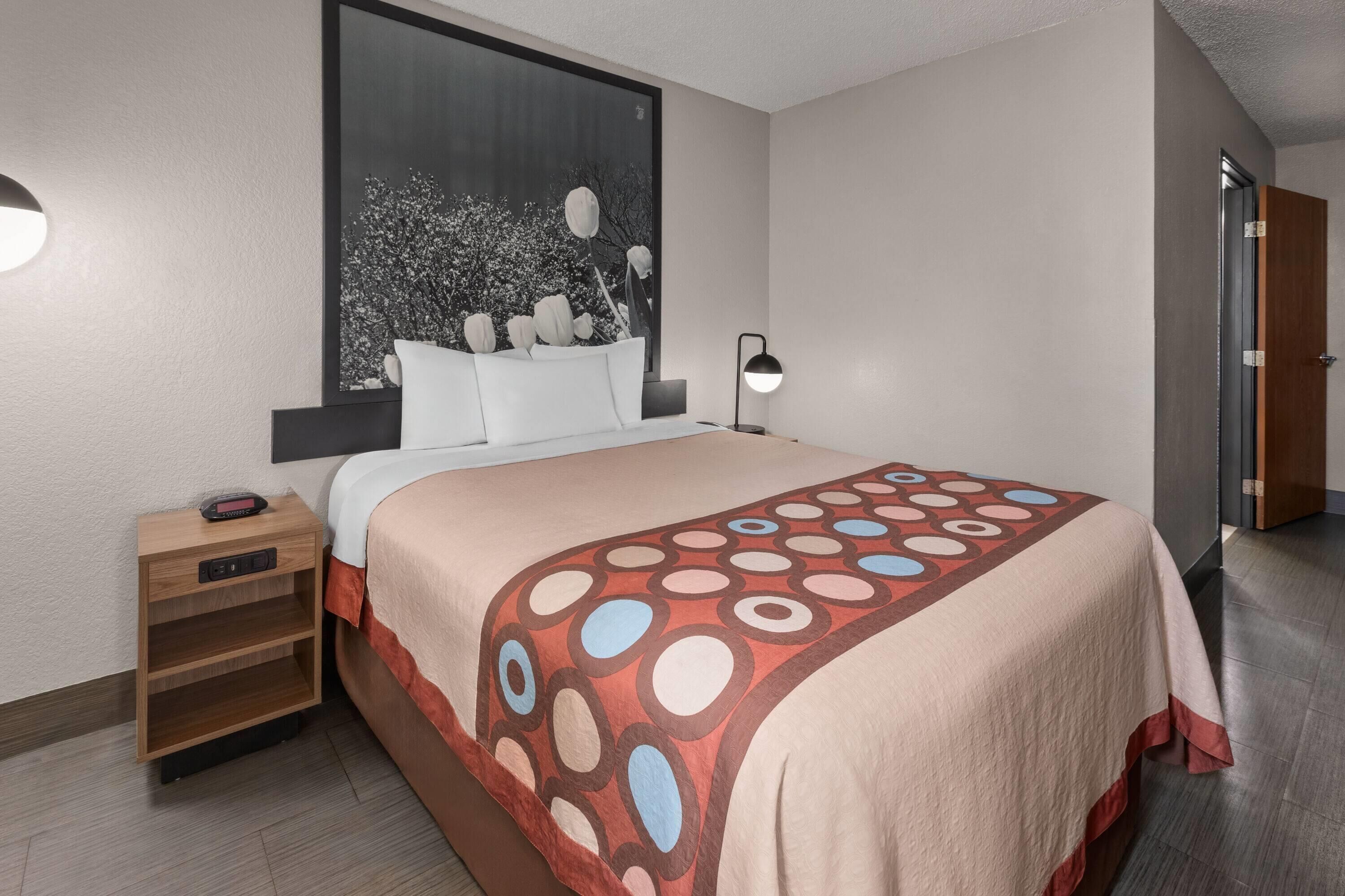 Quarto de hotel com uma cama grande, uma mesa de cabeceira com luminária, uma janela com vista para árvores e uma porta.