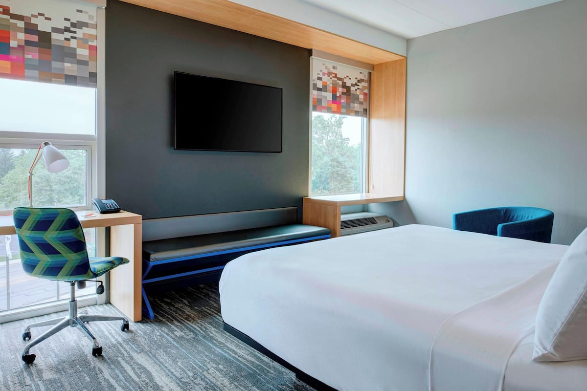 A modern hotel room with a large bed, a desk with a chair, a flat-screen TV mounted on the wall, and a window with a view of trees.