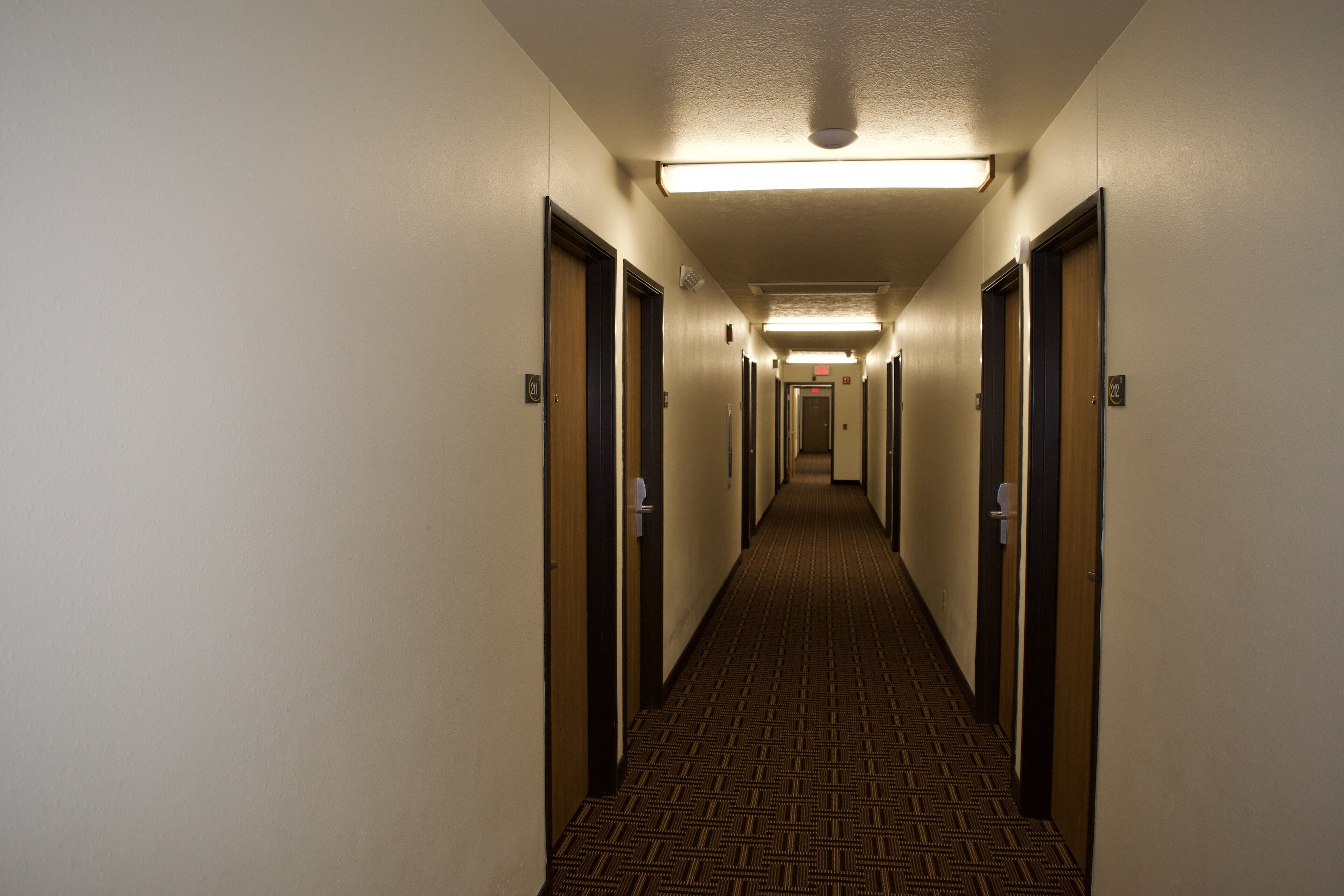 A hotel hallway with carpeted floors, doors on both sides, and overhead fluorescent lighting.