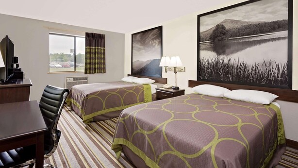 Habitación de hotel con dos camas, un escritorio con silla, una lámpara y un cuadro grande de un paisaje en la pared.