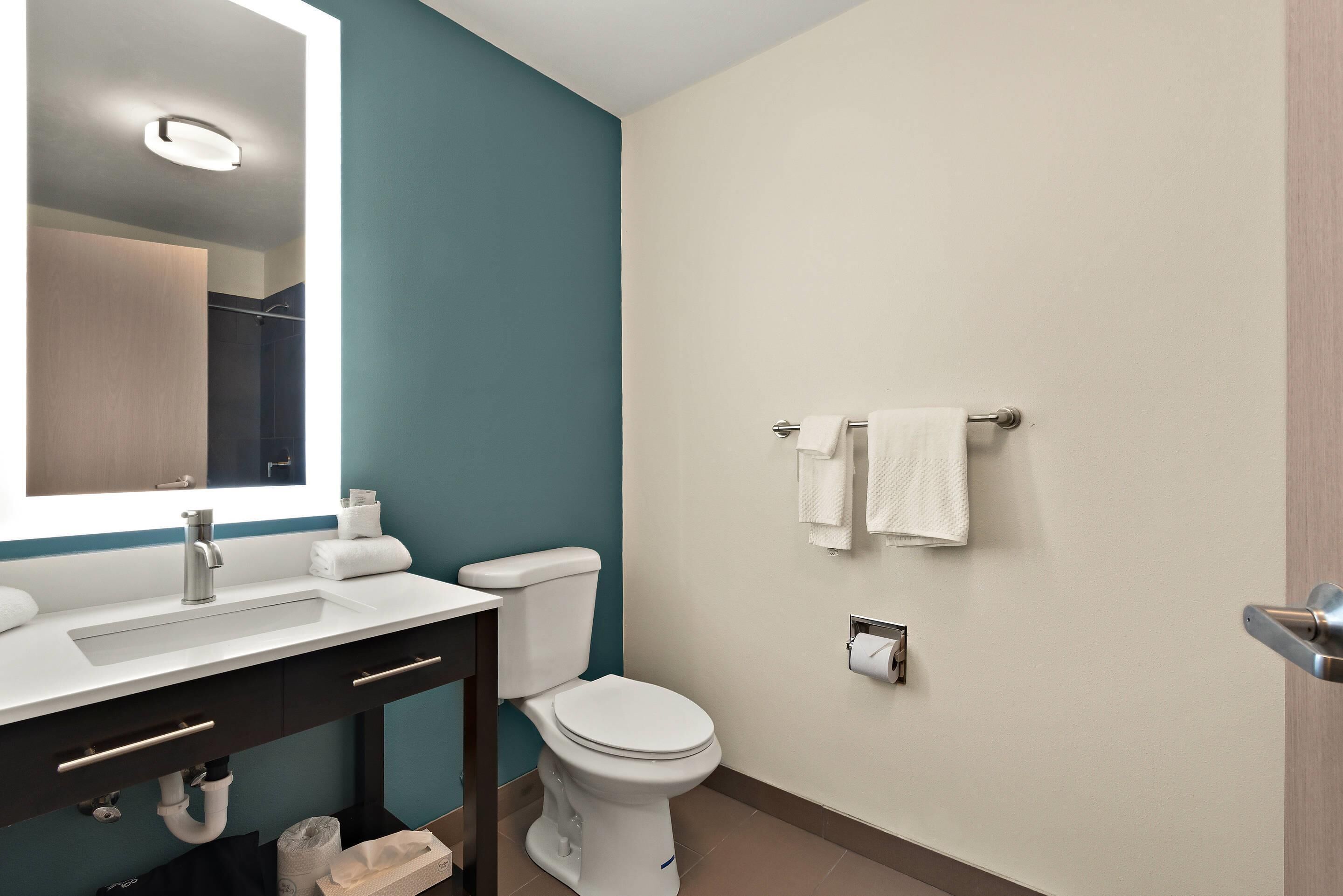 Un baño con lavamanos, espejo, inodoro y toallero.