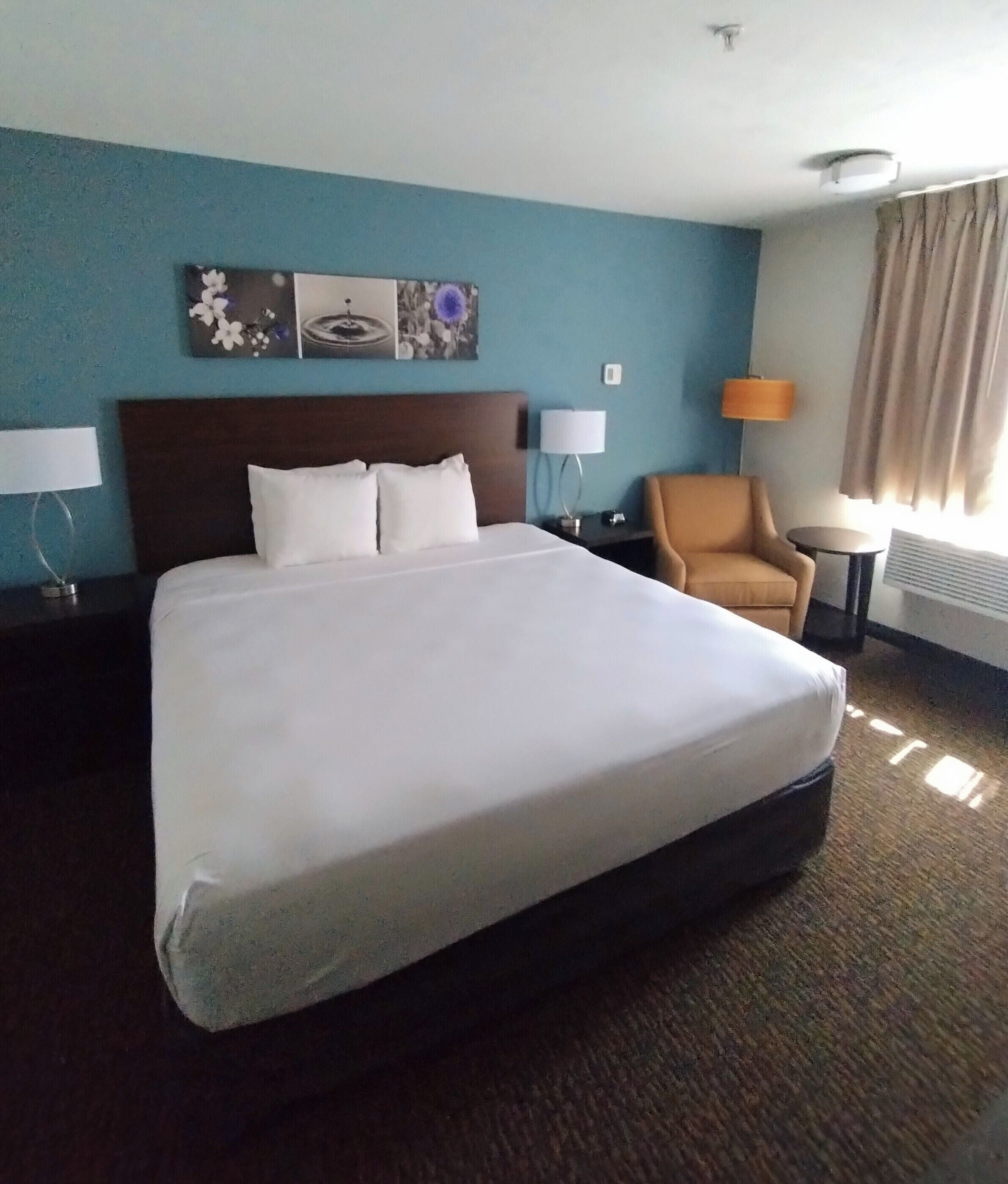 A hotel room with a large bed, a chair, a lamp, and artwork on the wall.