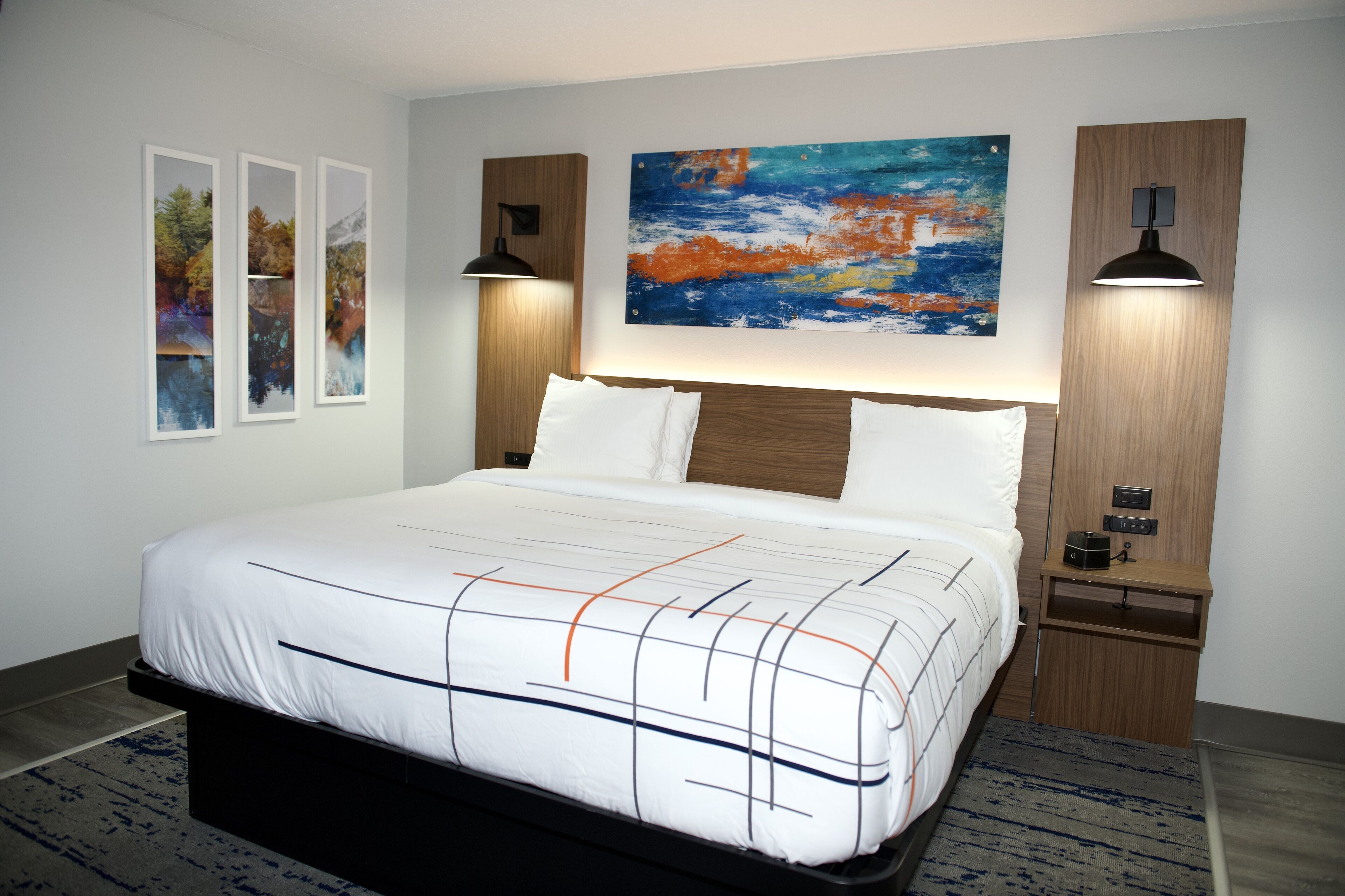 A modern hotel room with a large bed, a nightstand with a lamp, a wall-mounted artwork, and framed pictures on the wall.