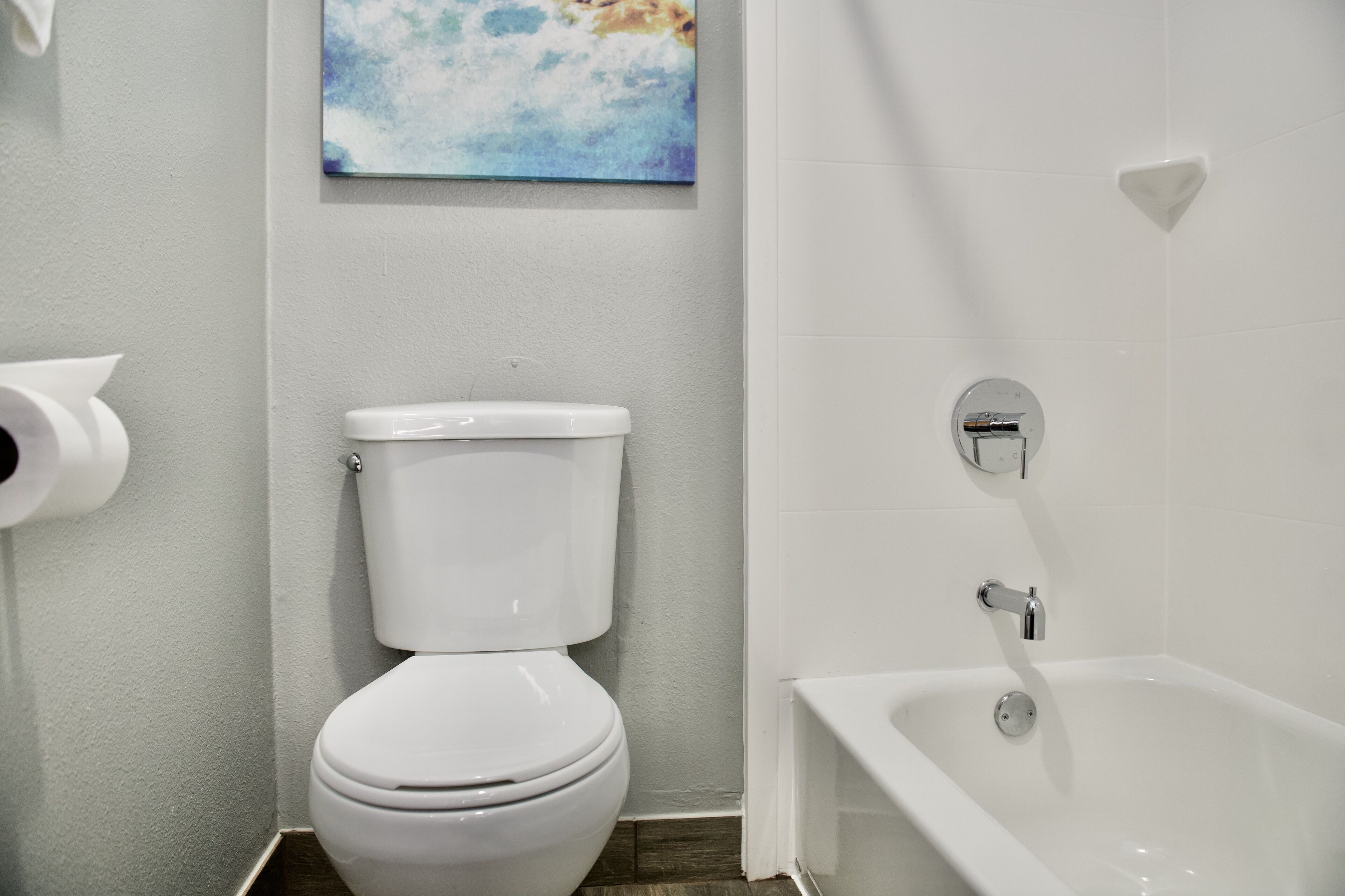 A bathroom with a toilet, a bathtub, and a toilet paper holder.