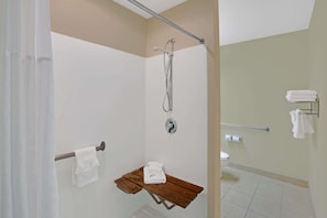 Combined shower/tub, free toiletries, hair dryer, towels