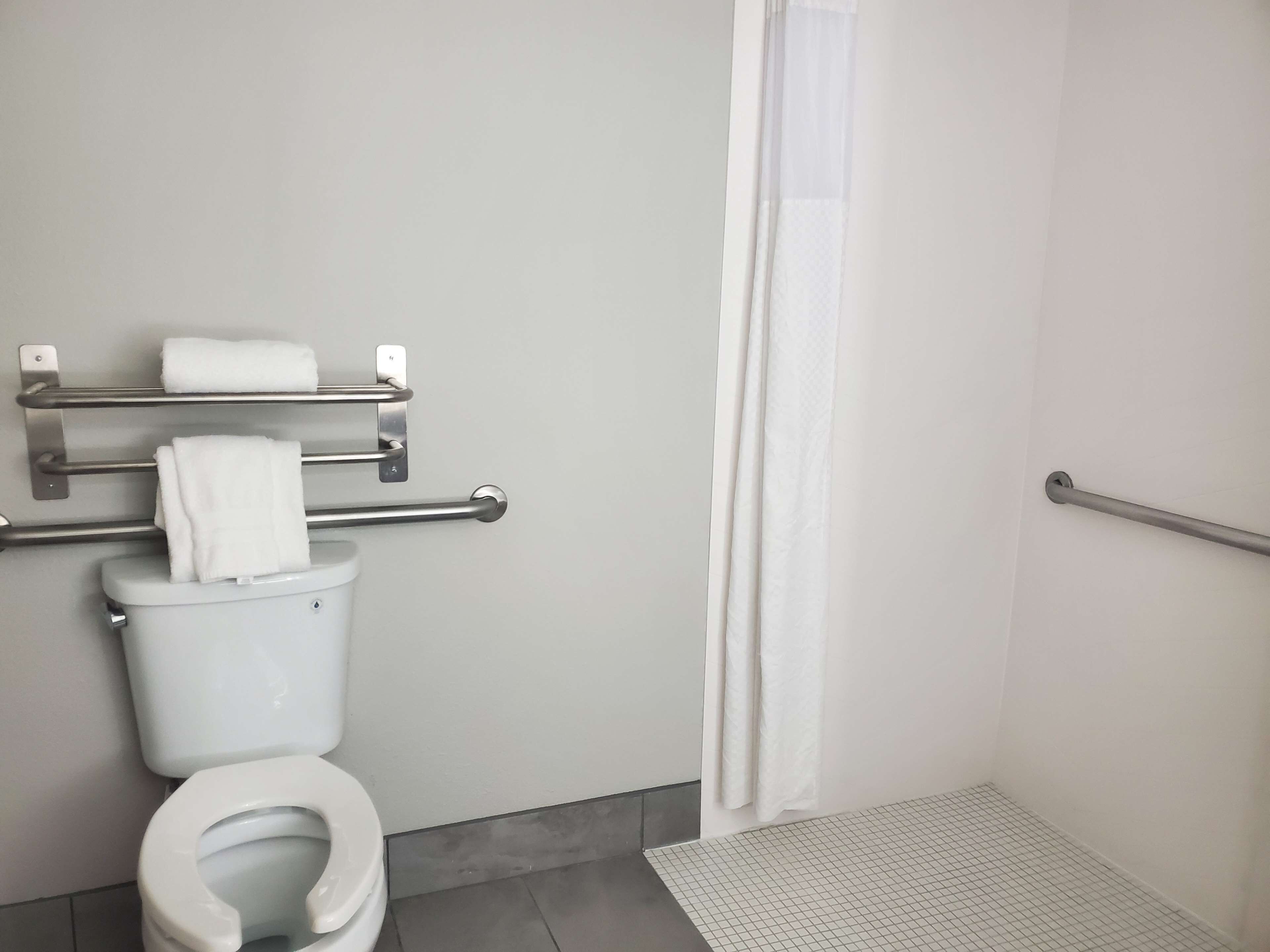 Un baño con inodoro, toallero con toallas, cortina de ducha y barra de apoyo.