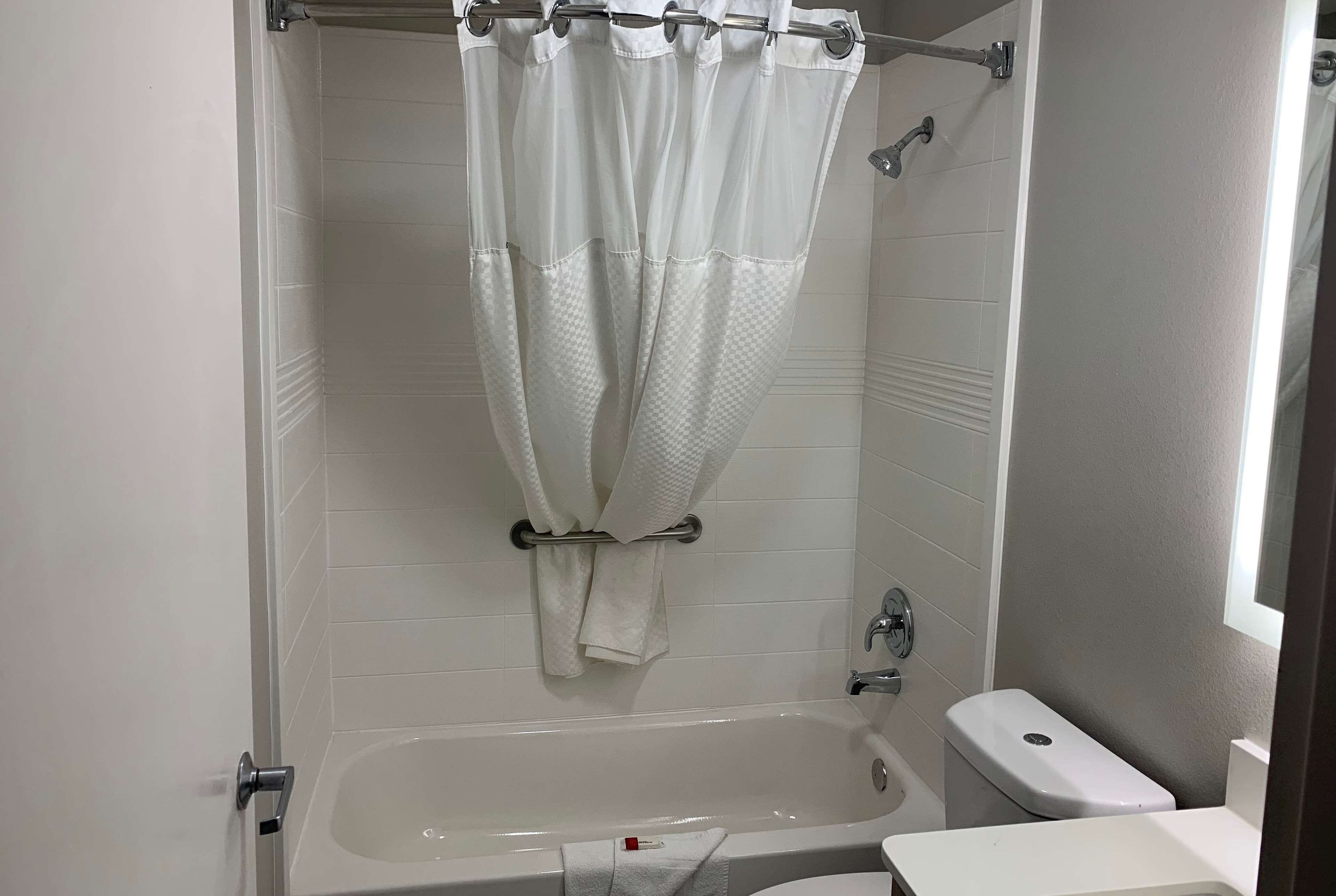 combined shower/bathtub, free toiletries, hair dryer, towels