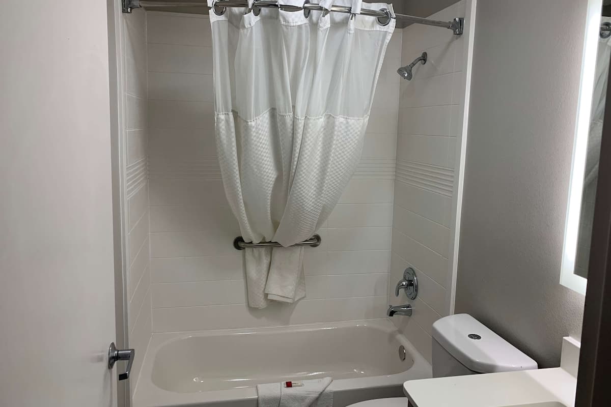 combined shower/bathtub, free toiletries, hair dryer, towels