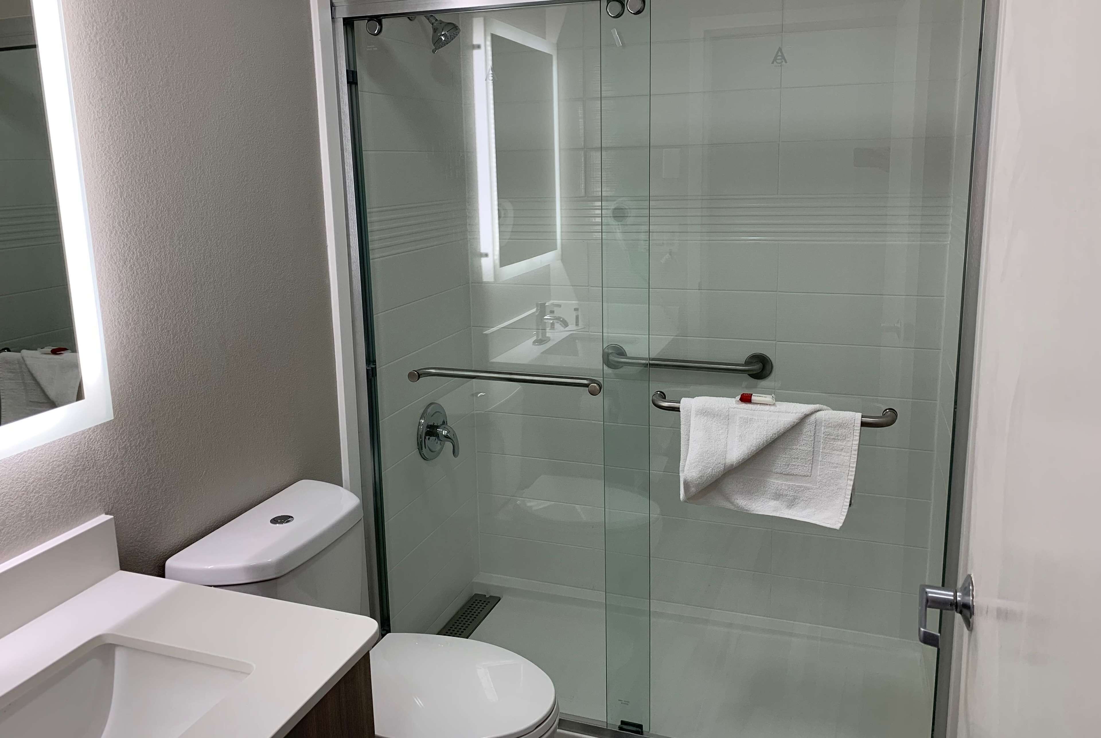 combined shower/bathtub, free toiletries, hair dryer, towels