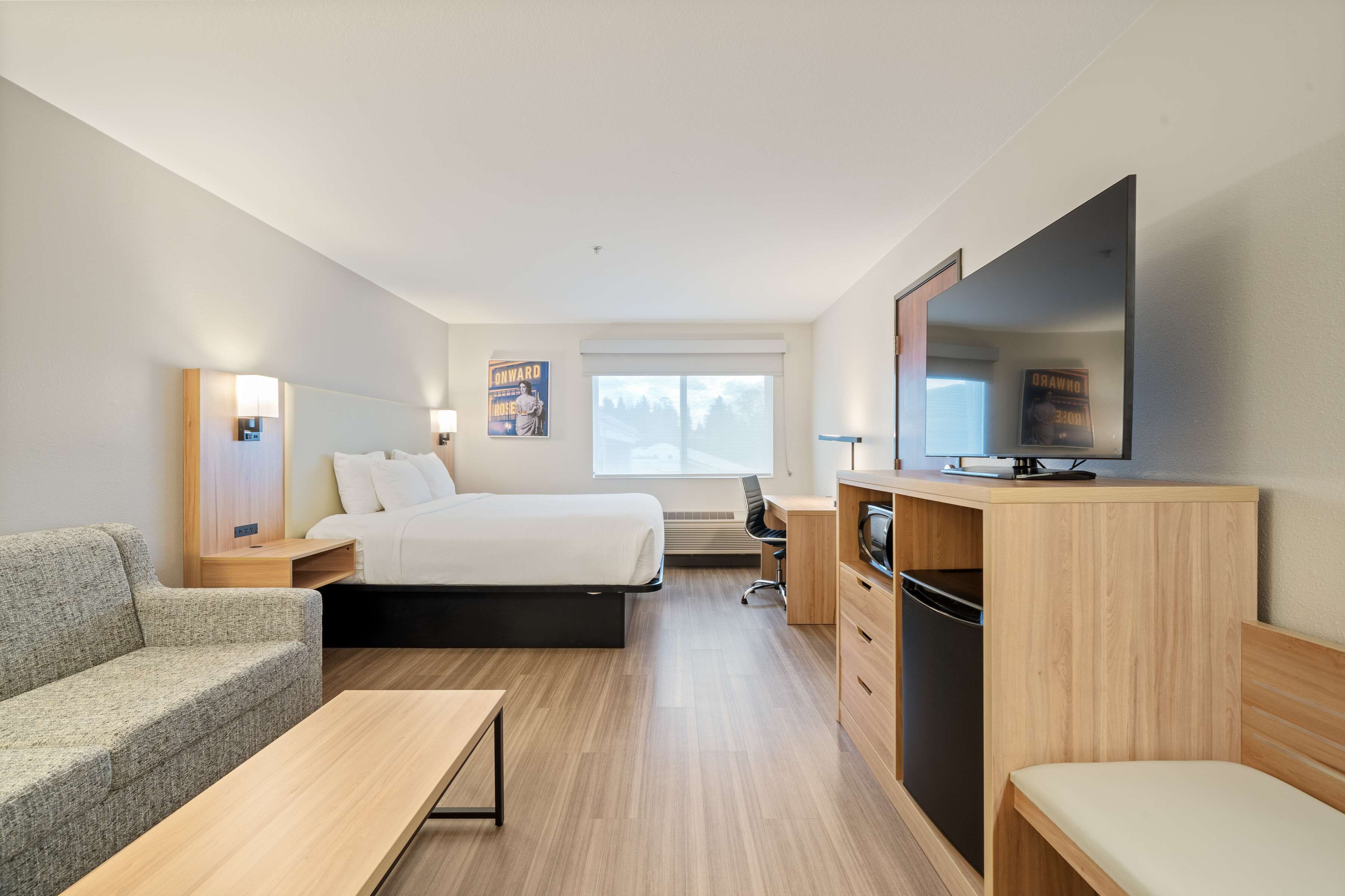 A hotel room with a bed, a desk, a television, a sofa, and a window with a view of trees.