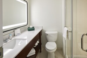 A bathroom with a sink, mirror, toilet, and glass shower enclosure.