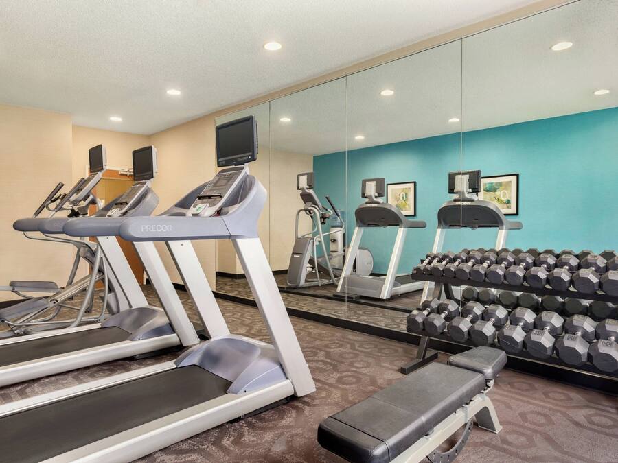 Un gimnasio con cintas de correr, una banca y un estante con mancuernas.