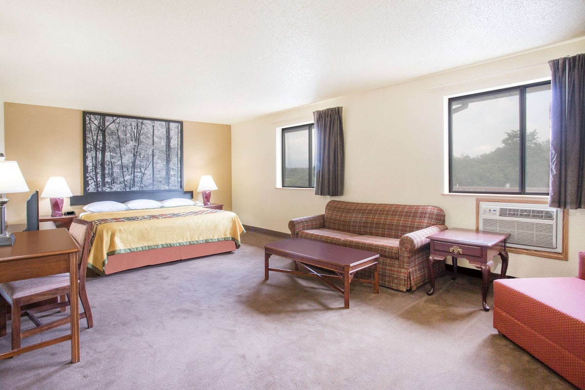 A hotel room with a bed, a sofa, a table, and a desk.