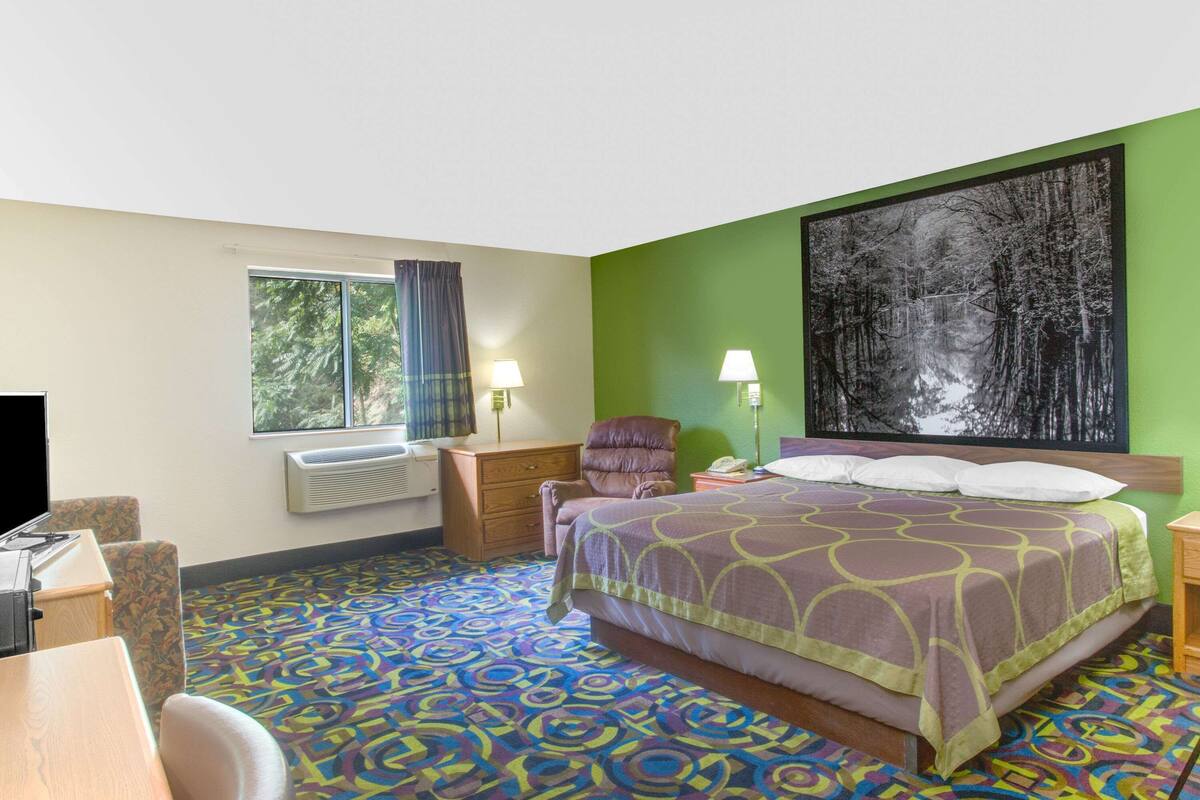 Une chambre d’hôtel comprenant un lit, un bureau, une chaise, une fenêtre avec des rideaux, un radiateur fixé au mur et un grand tableau.