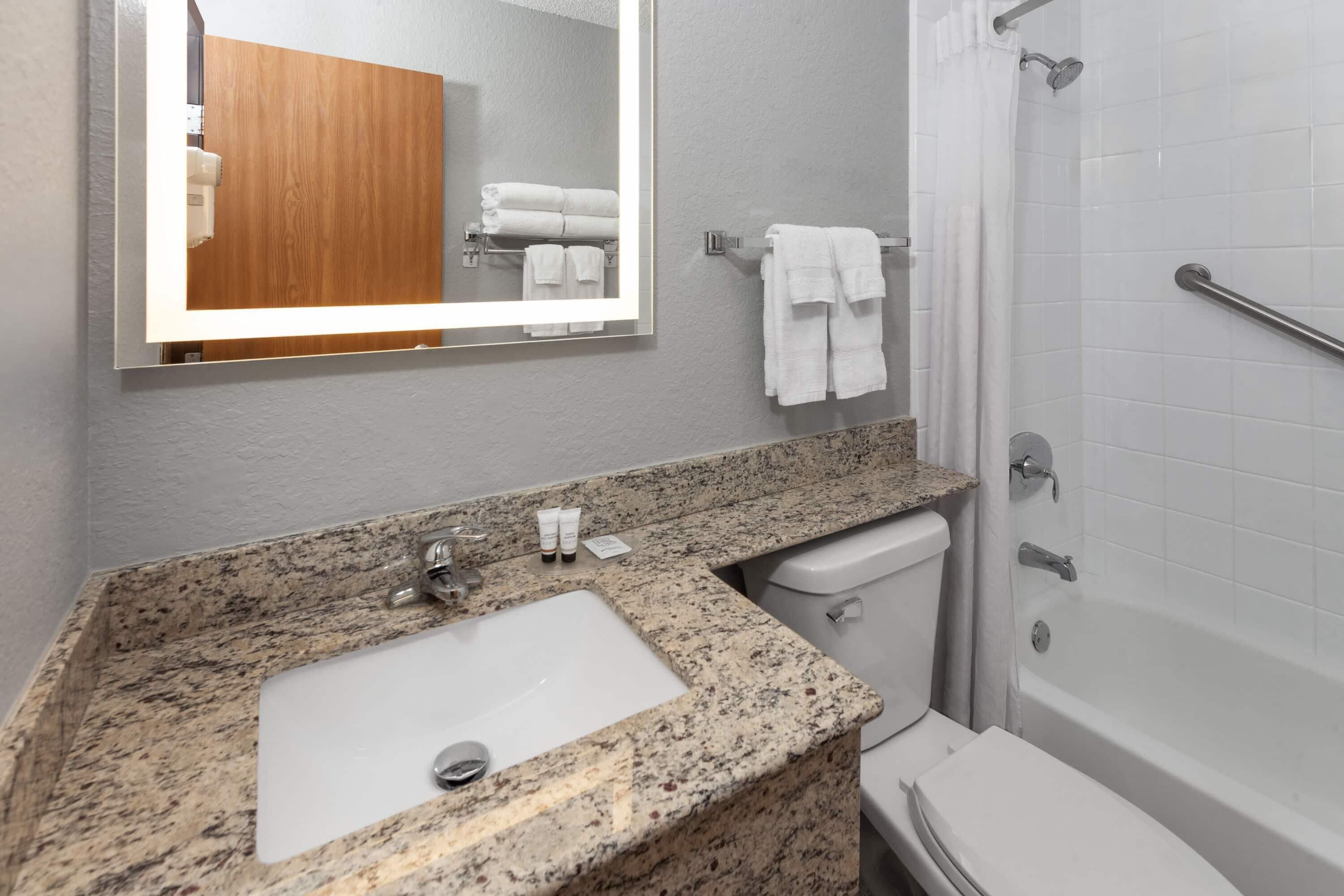 A bathroom with a granite countertop sink, a mirror, a toilet, and a shower area.