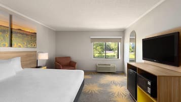A hotel room with a large bed, a TV, a chair, and a window with a view of greenery.