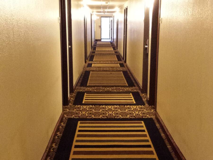A hotel corridor with patterned carpet, doors on both sides, and a light source at the end.