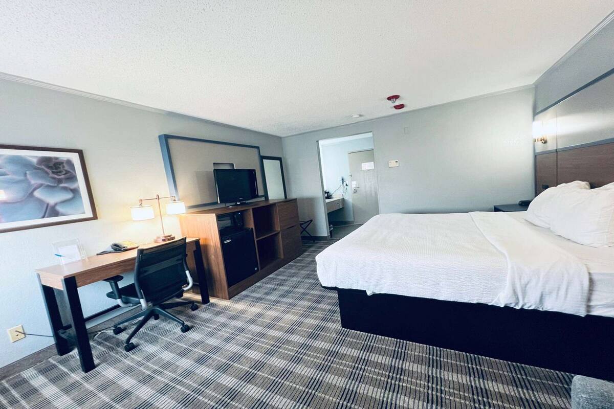 Ein Hotelzimmer mit Bett, Schreibtisch, Stuhl, Fernseher und Spiegel.