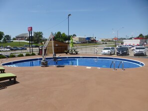 Piscine extérieure en saison, parasols, chaises longues