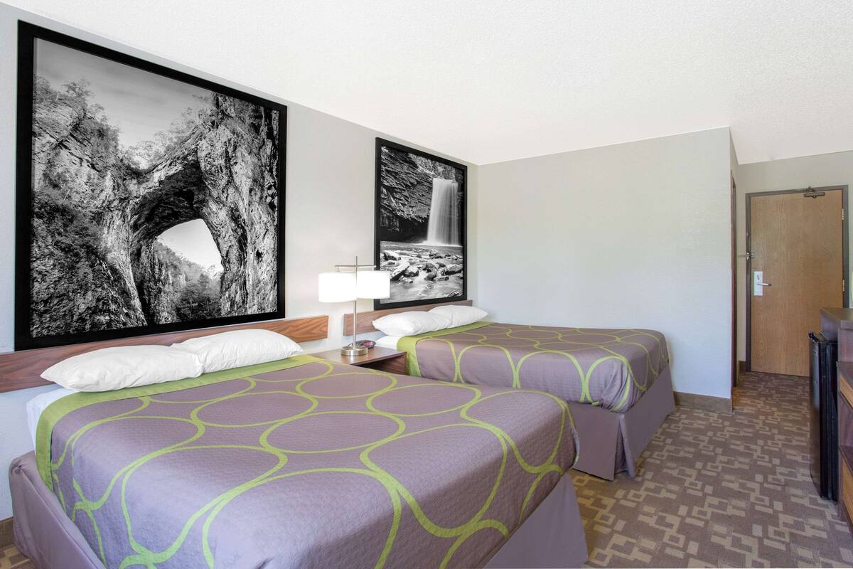 Habitación de hotel con dos camas, una fotografía grande en blanco y negro de una cascada, una mesita de noche con una lámpara, y una puerta que da al baño.