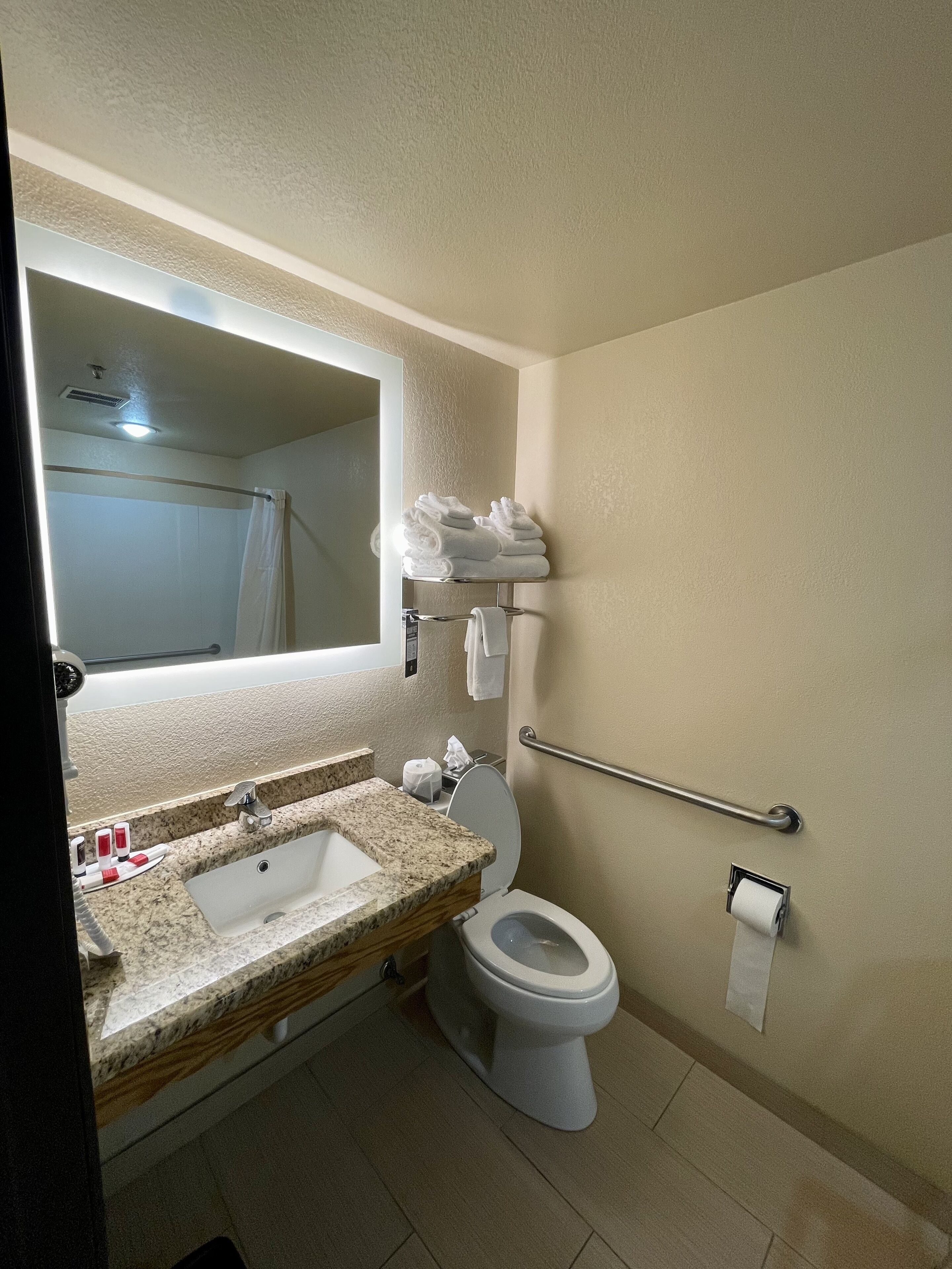 Une salle de bain équipée d’un lavabo, de toilettes et de barres d’appui.