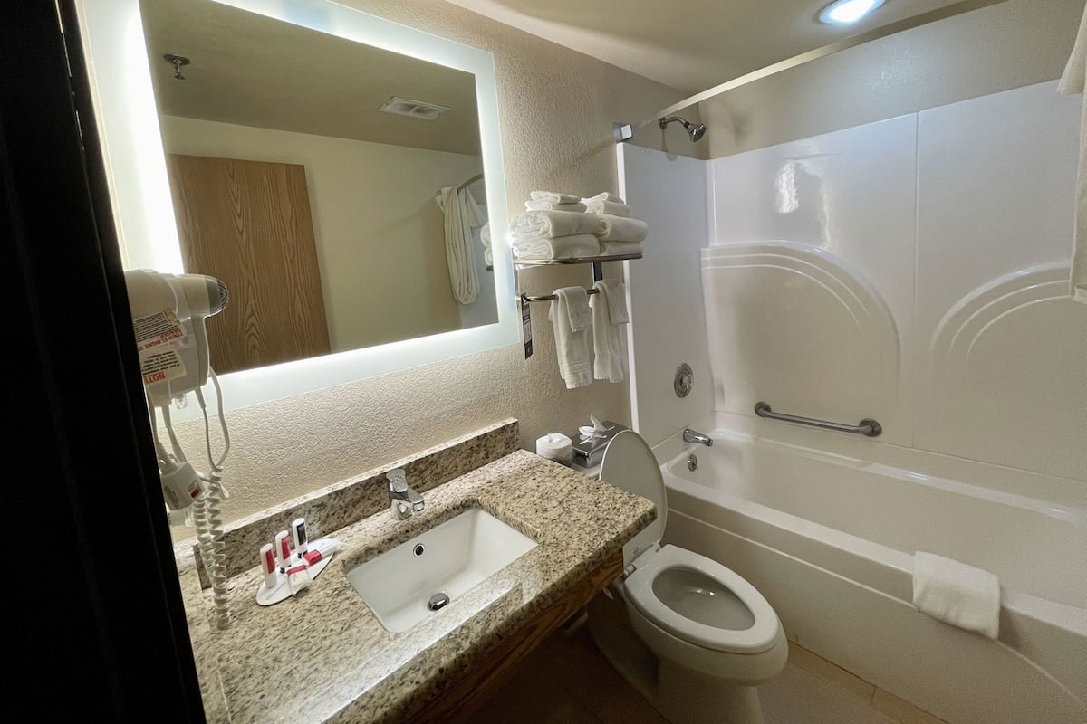 Bathroom | Combined shower/bathtub, free toiletries, hair dryer, towels