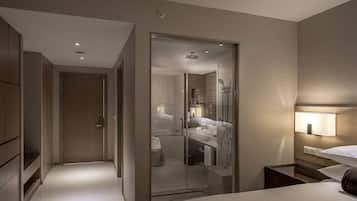 Shower, rainfall showerhead, free toiletries, hair dryer