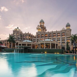 Outdoor pool, pool umbrellas, pool loungers
