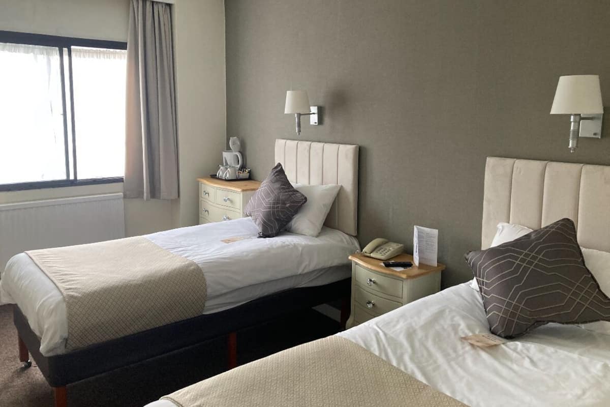 A hotel room with two beds, a bedside table with a lamp, a telephone, and a window with curtains.
