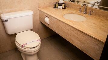 A bathroom with a toilet, a sink, and a mirror.