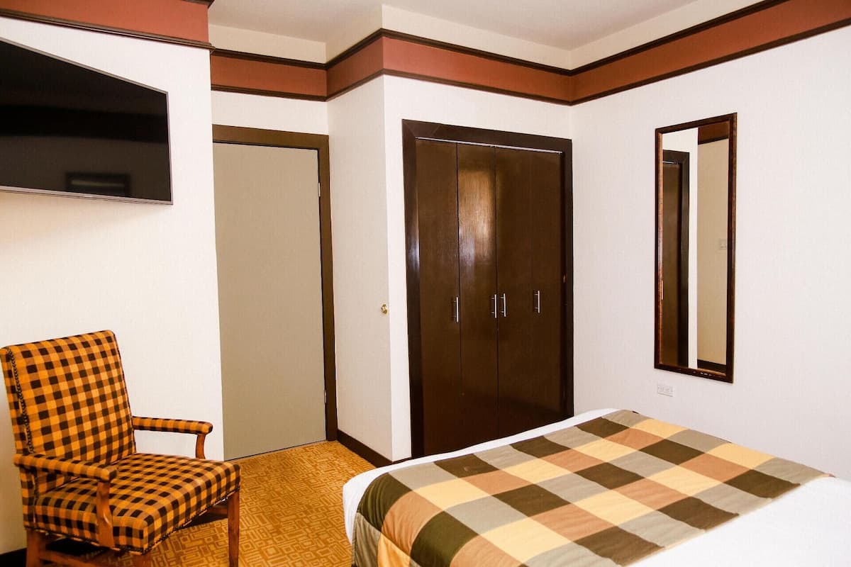 A hotel room with a checkered armchair, a bed with a checkered blanket, a wardrobe, and a mirror.