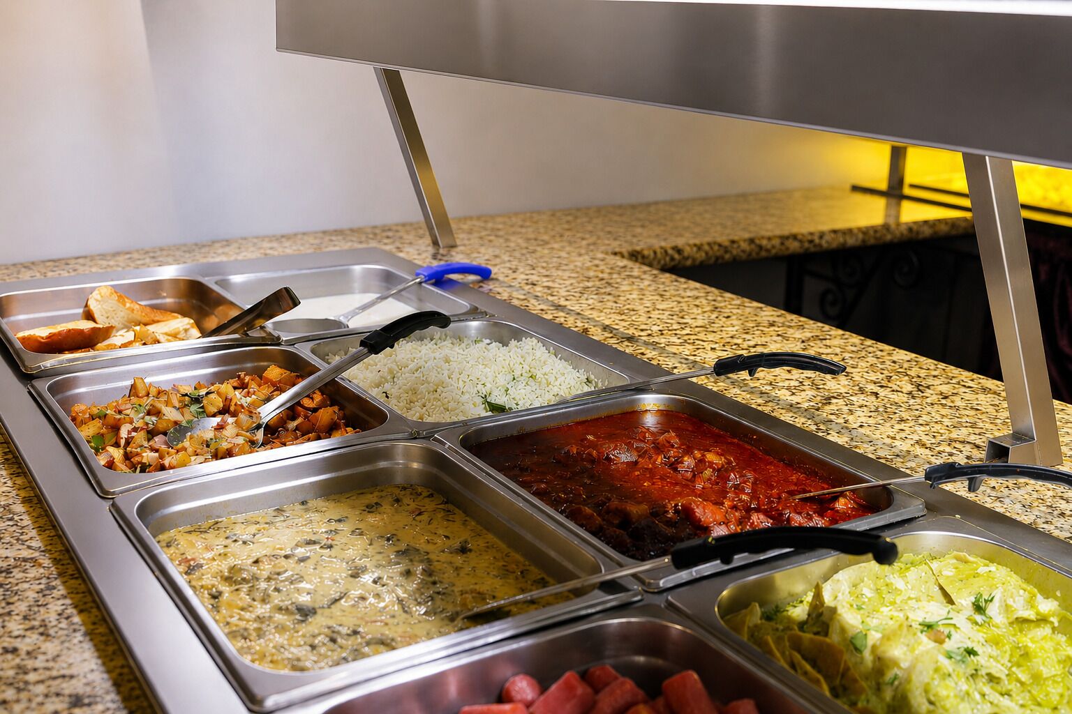 A buffet with various food options including rice, potatoes, and a red sauce dish.