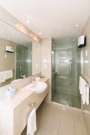 Habitación estándar, 1 cama Queen size | Ba ño | Regadera, amenidades de baño gratuitas, secadora de cabello, toallas 