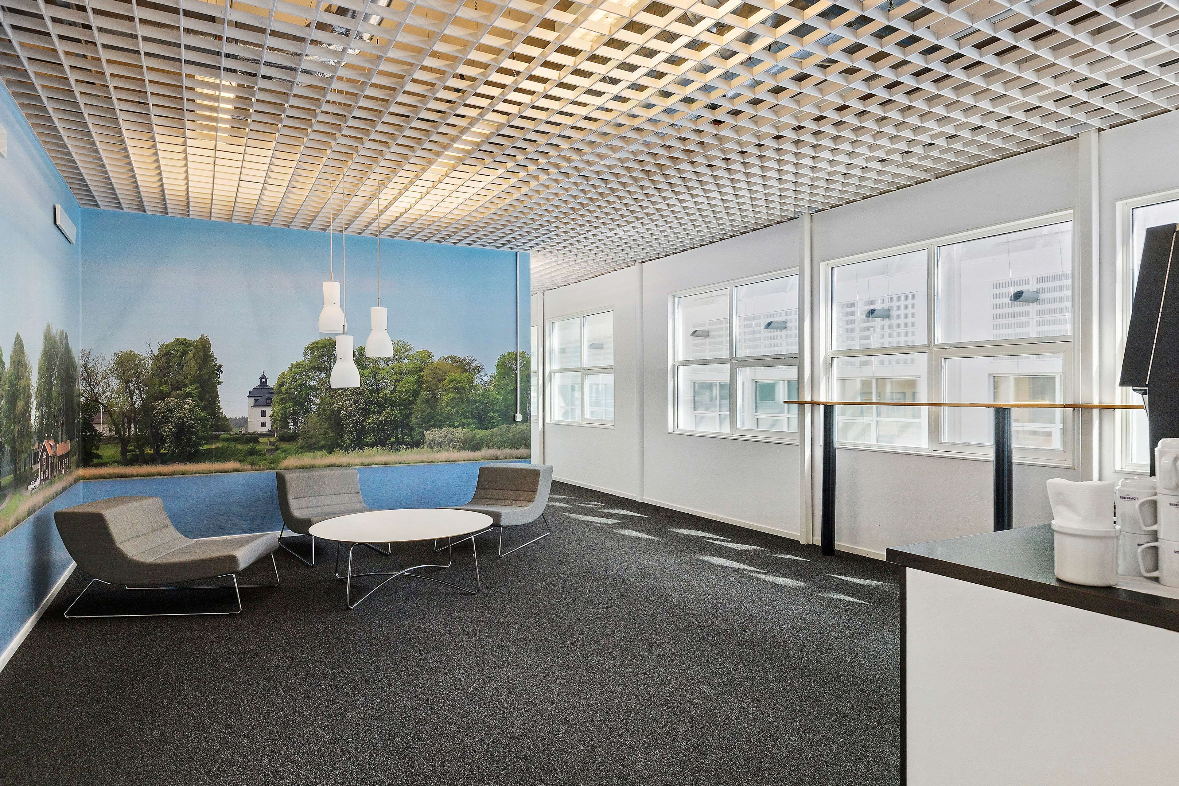 A modern office space with a mural of a landscape, two lounge chairs, a round table, and a coffee station.