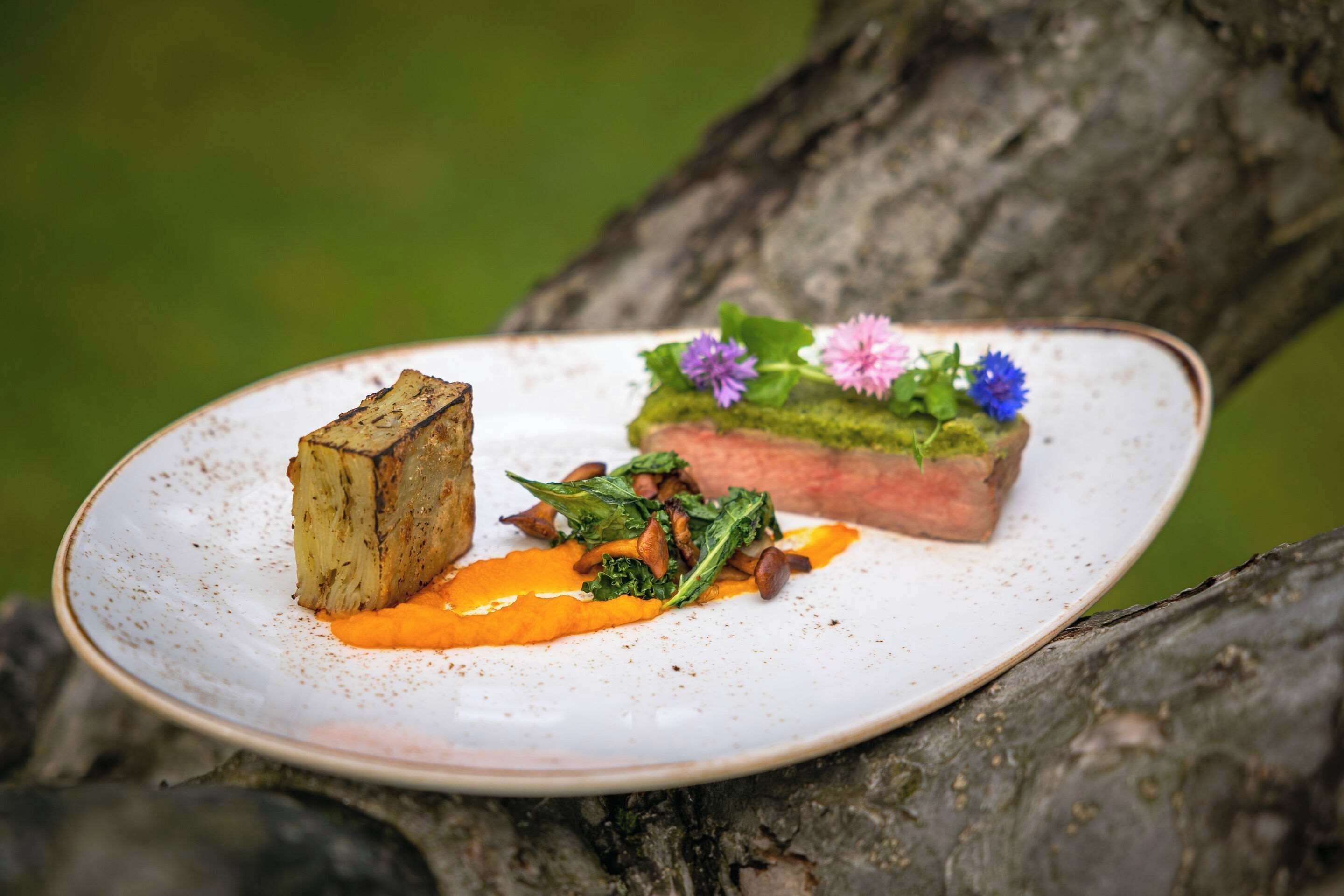 Un plat composé d’un morceau de viande grillée, d’une tranche de gâteau et d’une portion de légumes, le tout servi dans une assiette.