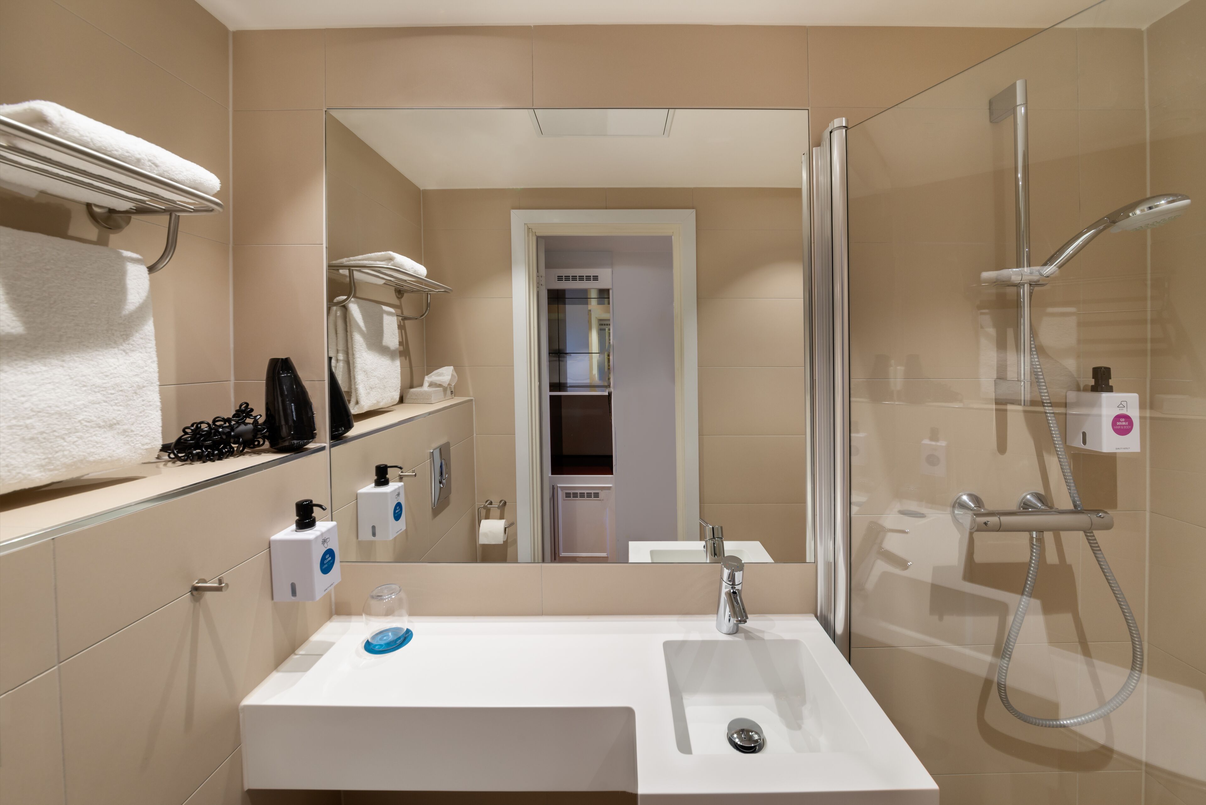 single room (compact) | bathroom | hair dryer, towels