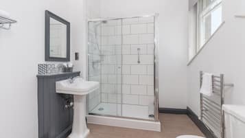 A modern bathroom with a glass-enclosed shower, a pedestal sink, and a toilet.