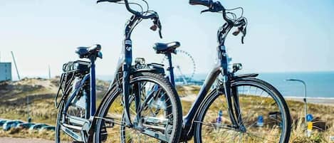 Three bicycles parked on a paved path with a view of the ocean and a distant Ferris wheel.