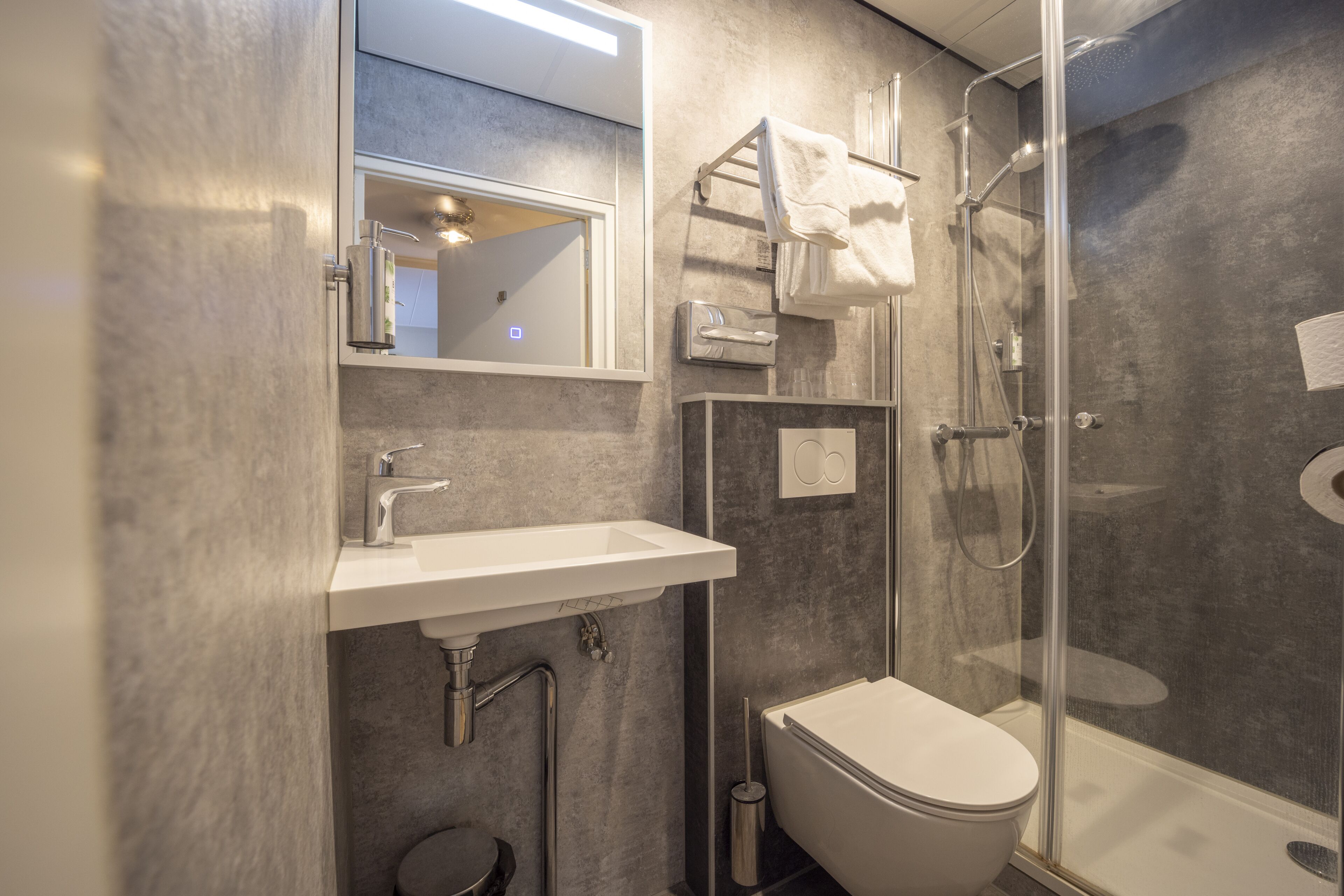 Une salle de bain moderne avec une douche à parois de verre, un lavabo blanc et des toilettes.