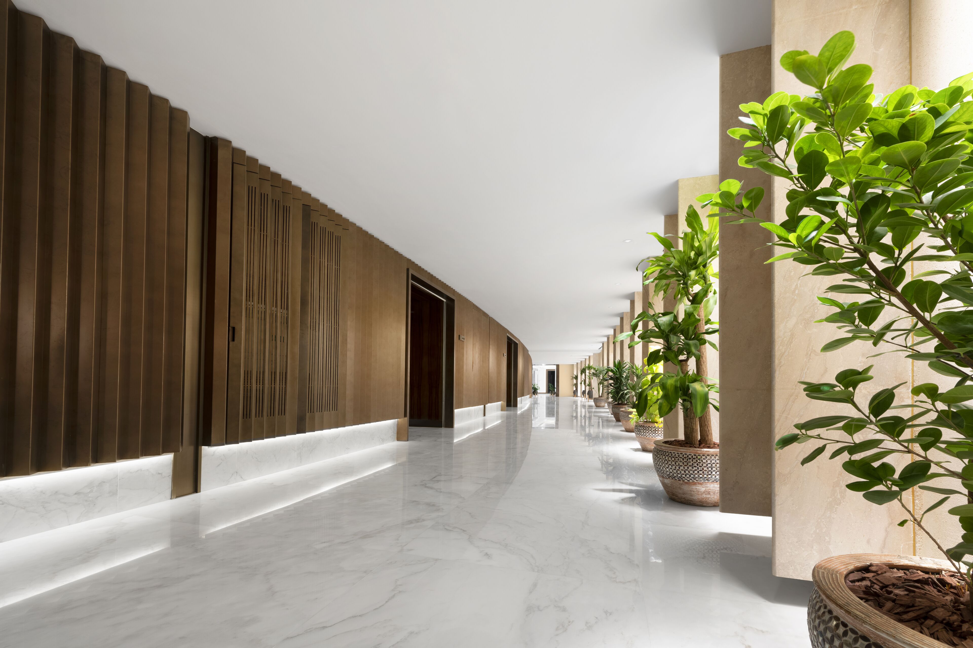 Un pasillo moderno con piso de mármol, paneles de madera en una pared y plantas en macetas en la otra.